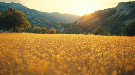 Golden field sunset mountain vista