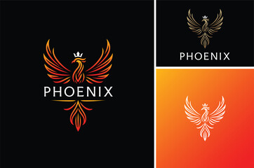 Elegant Flame Burn Fire Bird Gold Wingspan with Crown. Golden Luxury Rising Royal King Eagle Phoenix Fenix Hawk Dove Pigeon Wings Logo Design