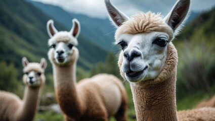 Obraz premium Portrait of a cheerful alpaca, close-up of a sheared llama head.