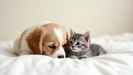Puppy King Charles Spaniel resting on bed beside kitten. Panoramic image designed for banner usage.