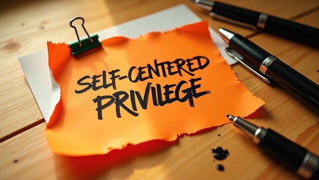 The words self-centered privilege displayed on a table background.