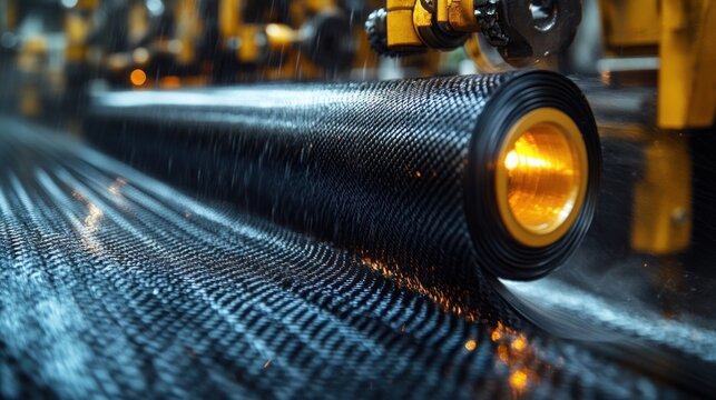 Industrial roll-to-roll processing of composite material in factory