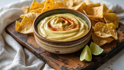 Homemade Yellow Queso Cheese Dip served with Tortilla Chips and Lime