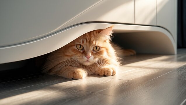 The cat is hiding beneath the closet from people. Cat engages in hide and seek. Deviant behavior in cats. Timid cat.