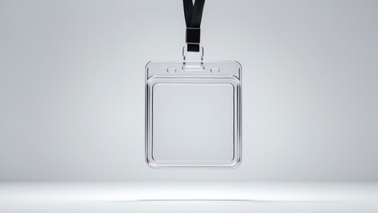 Transparent badge mockup set against a background. Plain blank name tag mockup with a string.