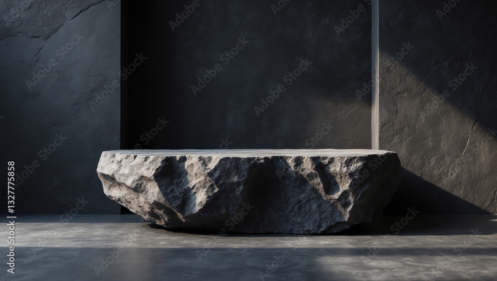 Poster stone rock podium isolated on a black background for product display presentation, studio background