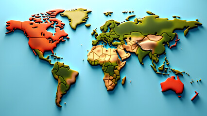 A stunning 3D puzzle map of the world, featuring vibrant continents and intricate details. The soft blue background enhances the puzzle's three-dimensionality, creating a captivating visual.