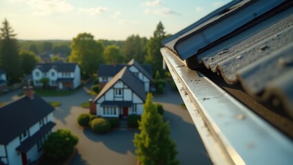 Fototapeta premium Metal flashing roof corner damage following a storm. Metal flashing has been lifted or blown upwards. Repair is required for waterproofing. Roof repair on a flat roof utilizing a modified roofing s...