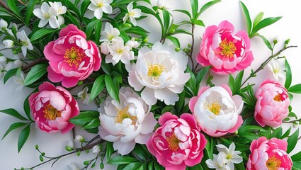 Festive floral corner arrangement featuring jasmine flowers, pink and white peonies, green peony leaves, and green twigs. Element for designing cards, patterns, and floral arrangements.