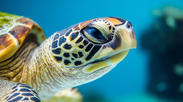 Portrait of wise sea turtle with intricate shell patterns deep eyes and a gentle expression The soft blue ocean background enhances the calm and timeless feel of this ancient traveler
