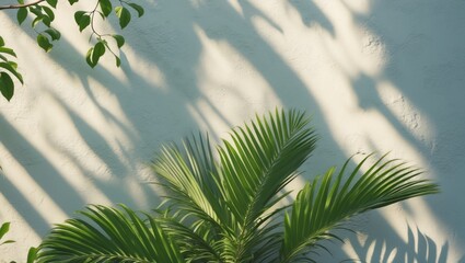 Obraz premium Plant positioned against a white wall texture background illuminated by sunlight, Abstract natural tree leaves shadow mockup.