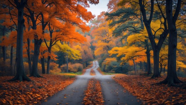 The path in the autumn park splits into two hiking trails heading in different directions.