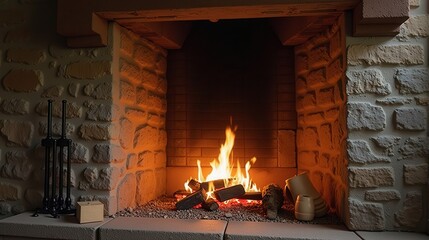 Rustic Stone Fireplace with a Cozy Crackling Fire in a Wooden Cabin
