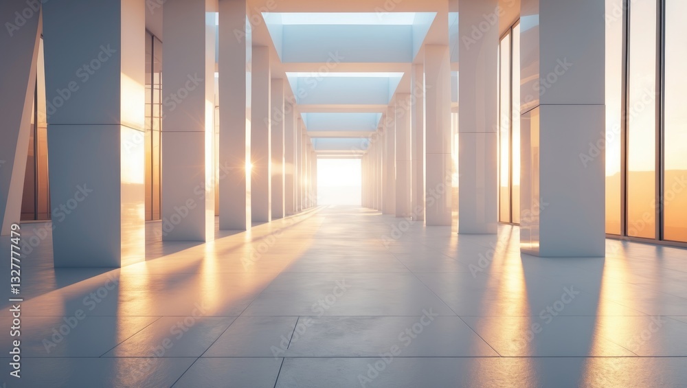 Poster sunlight filters through the columns in a lengthy, white corridor.