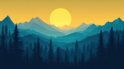 Obraz premium Vibrant Sunset Over Mountain Range with Silhouetted Forests