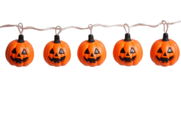 Halloween pumpkin-shaped string lights isolated on transparent white background