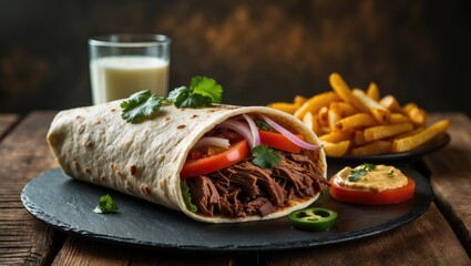 Tortilla filled with pulled beef, onions, tomatoes, french fries, and a drink served on a black plate with hummus and jalapeño pepper.