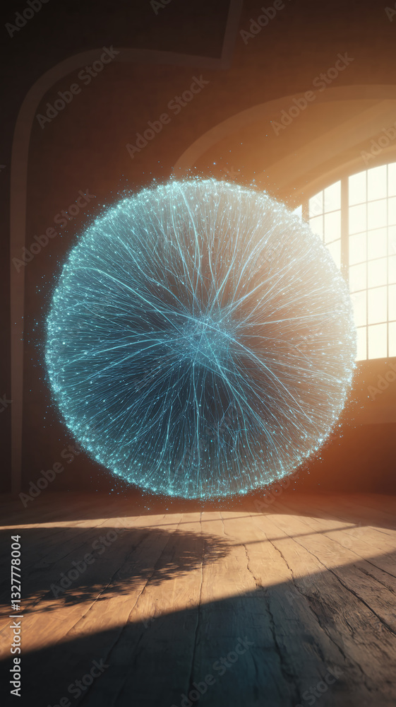 Poster glowing orb of light and lines floats in a sunlit room with wooden floor, showcasing a futuristic or