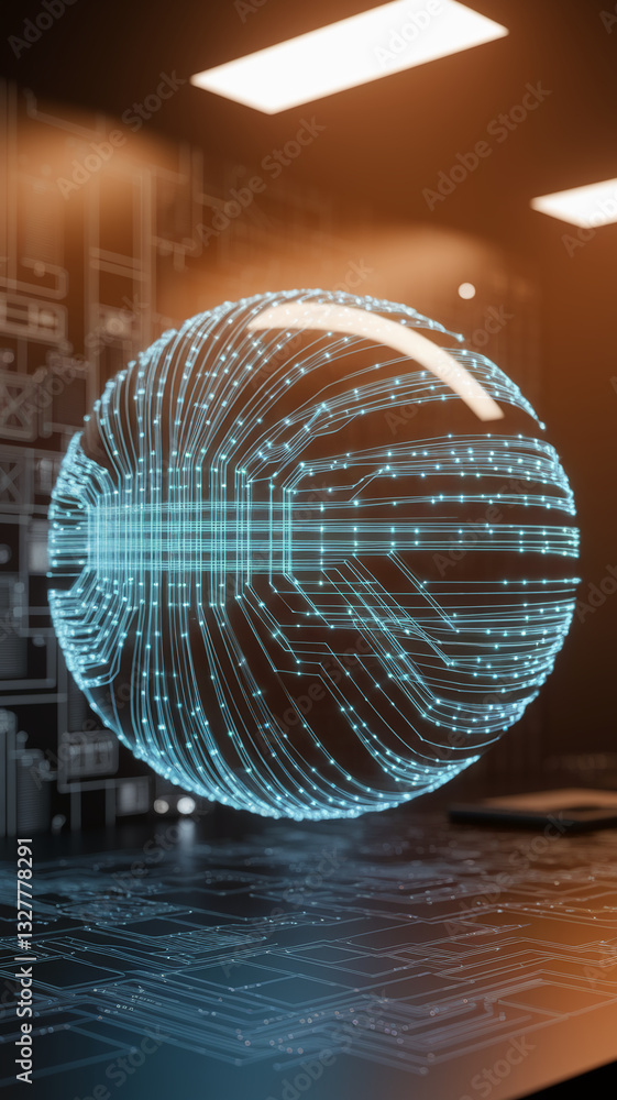 Poster Glowing sphere with circuit lines, floating above a circuit board background, symbolizing technology, innovation, and connection.  Showcase for tech concepts