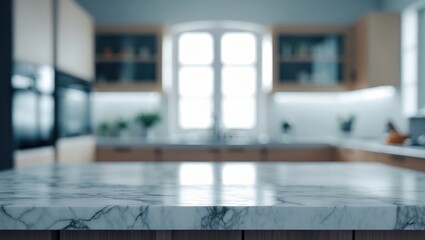 Empty marble table in a blurred kitchen window for product display. Stylish marble surface with space for your design in a blurry kitchen.