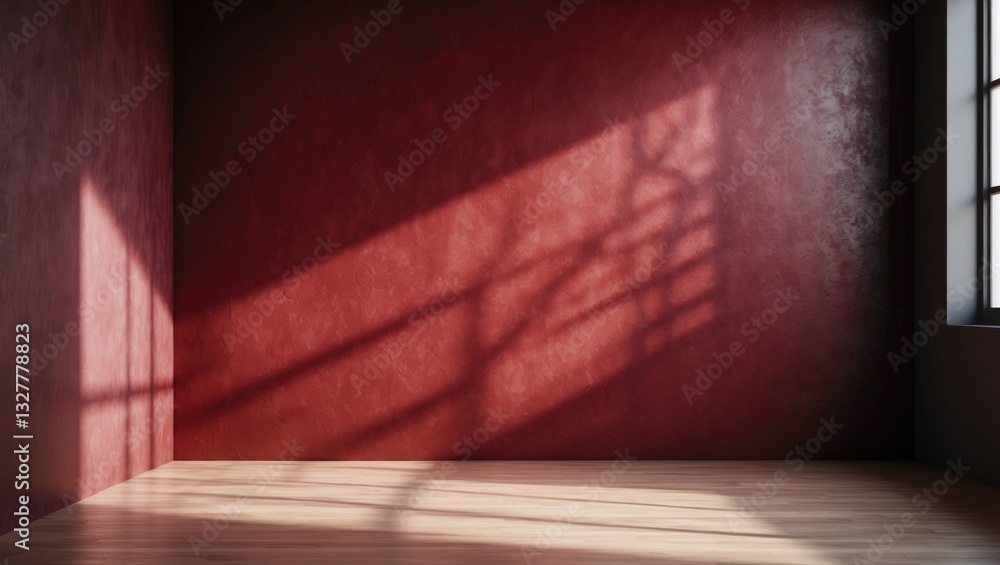 Poster wall interior background, studio and backdrops showcasing products with shadow from window and red b