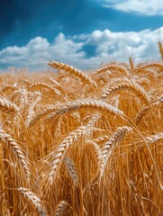 Fototapeta premium Golden wheat field under a vibrant blue sky with fluffy clouds scenery