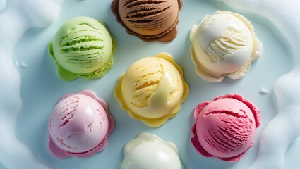 Obraz premium View from above of colorful scoops of melted ice cream on a white surface. Summer fresh food theme.