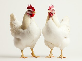 Two white chickens isolated on white. Pair of poultry birds standing together. White farm chickens on plain background