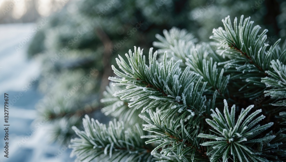 Aufkleber pine covered in frost during winter. needles resting in the snow. frost on the branches. close-up vi