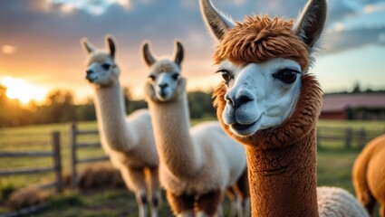 Obraz premium Portrait closeup of a sweet brown blonde suri alpaca gazing at the camera on a sunny summer day.