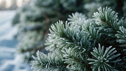 Pine covered in frost during winter. Needles resting in the snow. Frost on the branches. Close-up view.