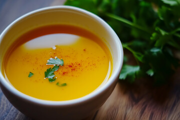Saffron-infused broth, rich with spices, for complex dish flavors.