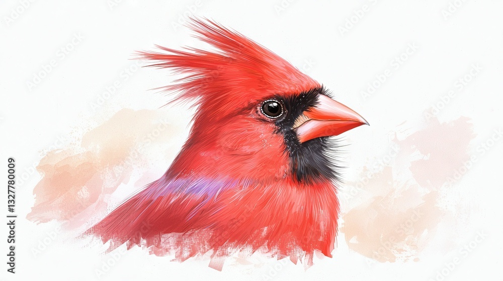 Poster a sharp image of a red bird with a black beak and vibrant tail feathers against a pristine white bac