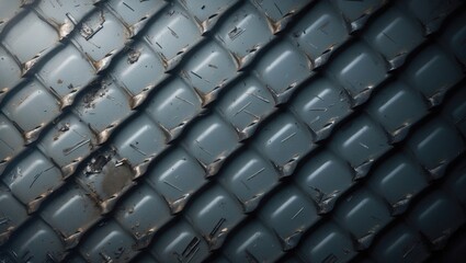 Obraz premium A close-up of a metallic, diamond plate surface featuring a raised, repeating pattern. The texture looks worn and slightly dirty, presenting a rugged, industrial appearance.