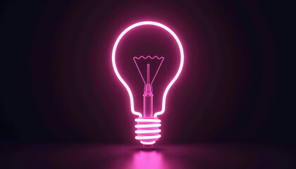Neon pink glowing light bulb on dark background