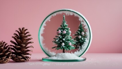 Pine cone reflection in a mirror reveals a green snow-covered tree. Pink pastel backdrop. Minimalist holiday design and concept.