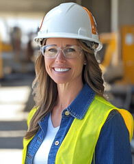 woman wearing hard hat and safety glasses smiles confidently at construction site. She is dressed in yellow safety vest over denim shirt, embodying professionalism and safety