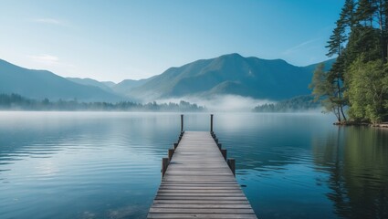 Obraz premium Jetty by a lake with mountains in the background