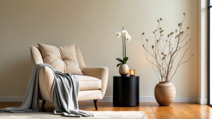 Interior of a contemporary living room featuring a soft armchair, table, and tree branches.