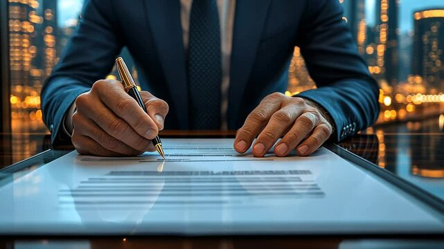 Businessman Signing Important Document at Night