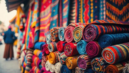 Fototapeta premium Colorful handicraft wool textiles arranged in a pile, resembling cloths and carpets featuring native art, traditional tourist souvenirs available at a local street market.