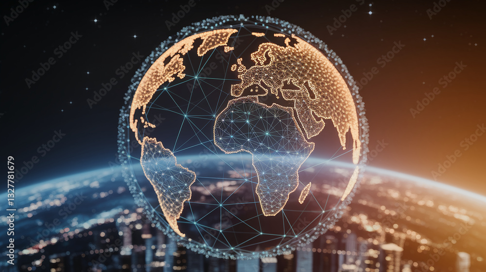 Poster global network connection visualization, a glowing earth with interconnected nodes, symbolizing worl
