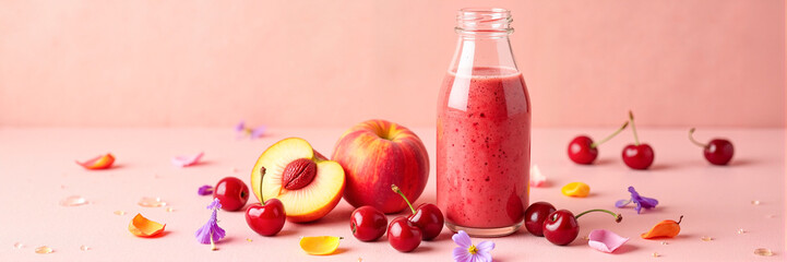 Refreshing cherry and peach smoothie in a frosted glass bottle surrounded by fresh fruits and flower petals, vibrant food photography concept.  Banner with free space for text