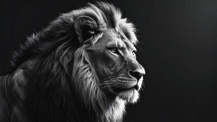 Naklejka premium Portrait of a Stunning Lion, Cat in Profile, Lion in Shadow.