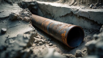 Lead pipe utilized in ancient civilizations, closeup view of the ground.