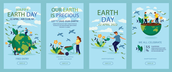 Earth Day celebration poster featuring a cheerful, surrounded by lush green leaves. The text emphasizes environmental care and marks April 22nd as Earth Day. 