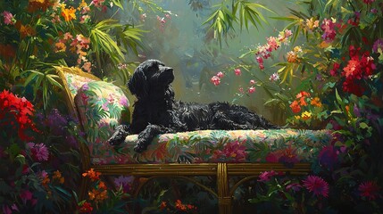   A painting of a black dog lying on a couch in a garden with flowers alongside it