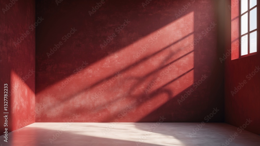Poster wall interior background, studio and backdrops display products with shadow leaf from window on red 
