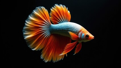 Fototapeta premium Betta Siamese fighting fish, a popular aquarium fish. Large-eared Dumbo golden yellow glossy half-moon long-tail Betta in motion, face isolated on black.