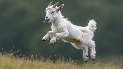 Playful white kid goat leaping